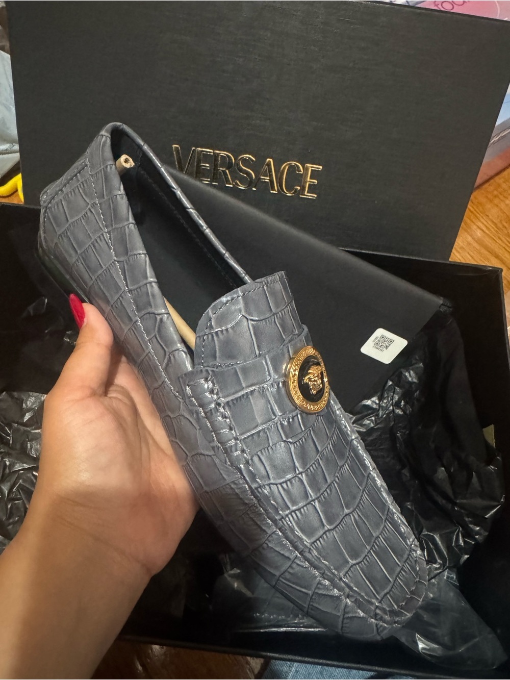 Versace Gray Croc-Embossed Leather Slip-On Loafers with Gold Medusa Button